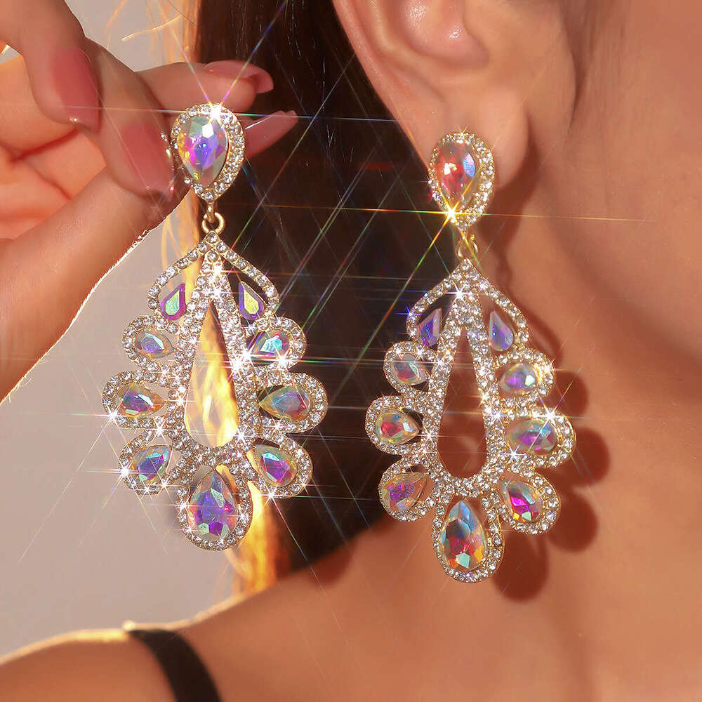 Fashionable shiny glass rhie long water droplet feminine temperament earrings, elegant and trendy earrings