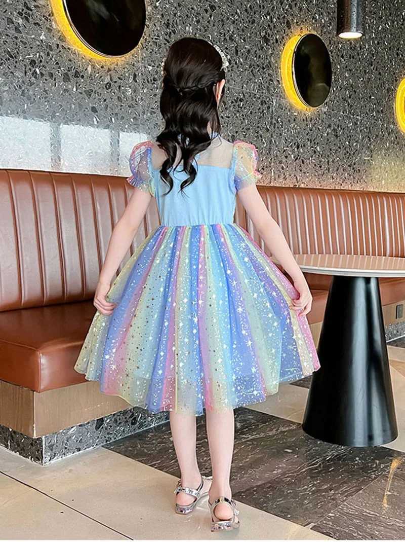 Summer Kids Clothes Girls Short Sleeve Dress 2-8Y Cute Girls Rainbow Starry Sky Mesh Princess Dress Kids Outfit Z250214