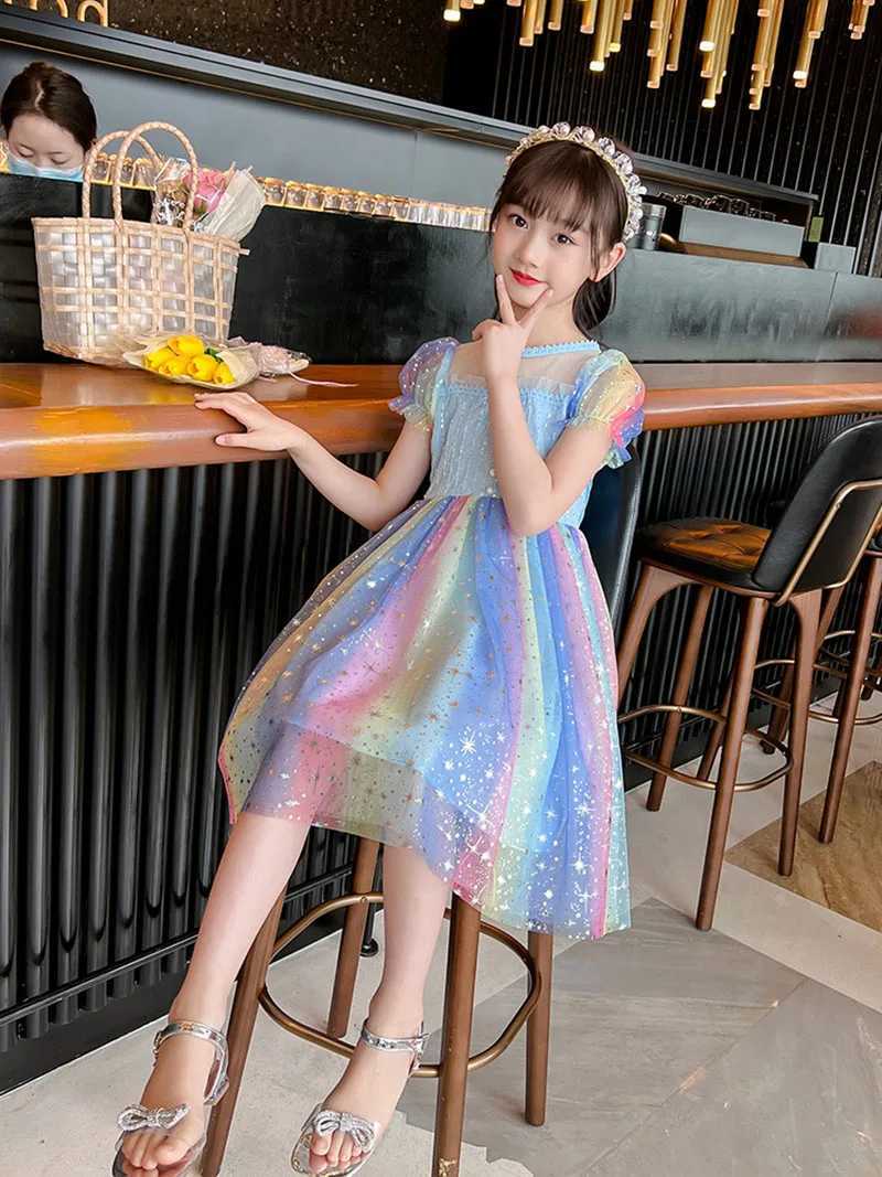 Summer Kids Clothes Girls Short Sleeve Dress 2-8Y Cute Girls Rainbow Starry Sky Mesh Princess Dress Kids Outfit Z250214