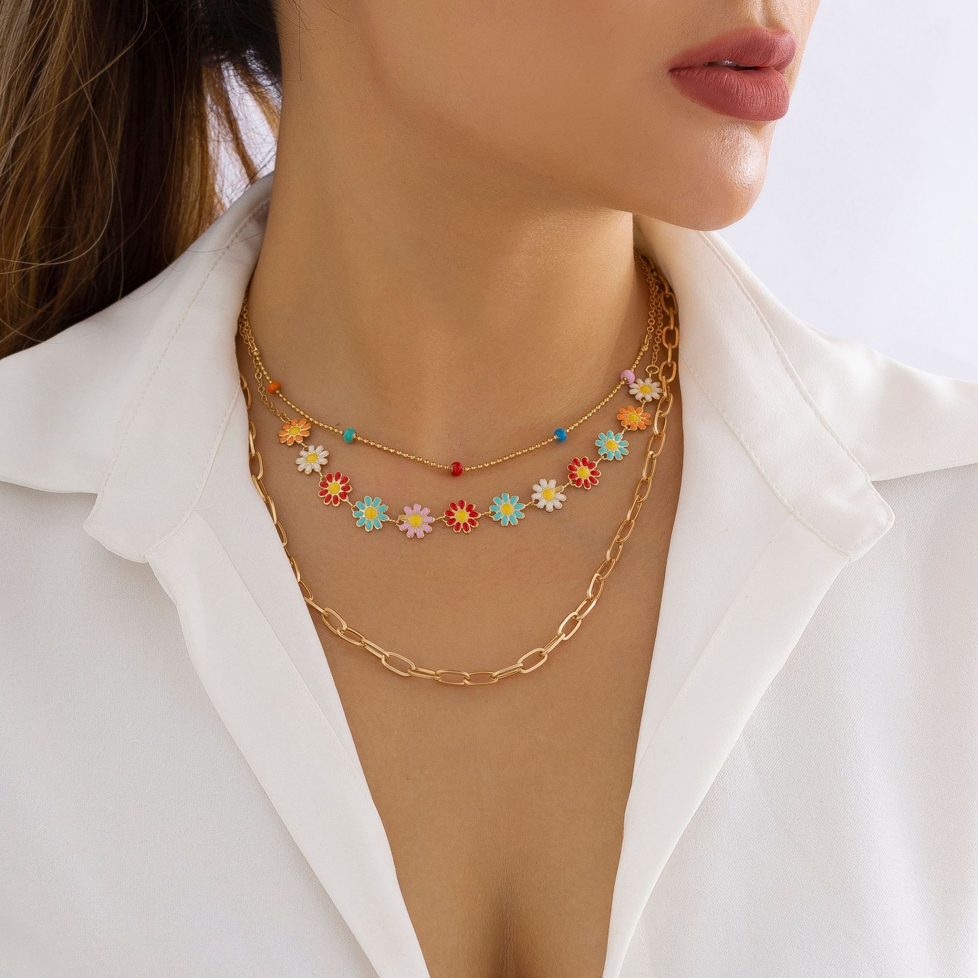 women fashion Jewelry minimalist ethnic style colorful small daisy trendy hip-hop metal necklace
