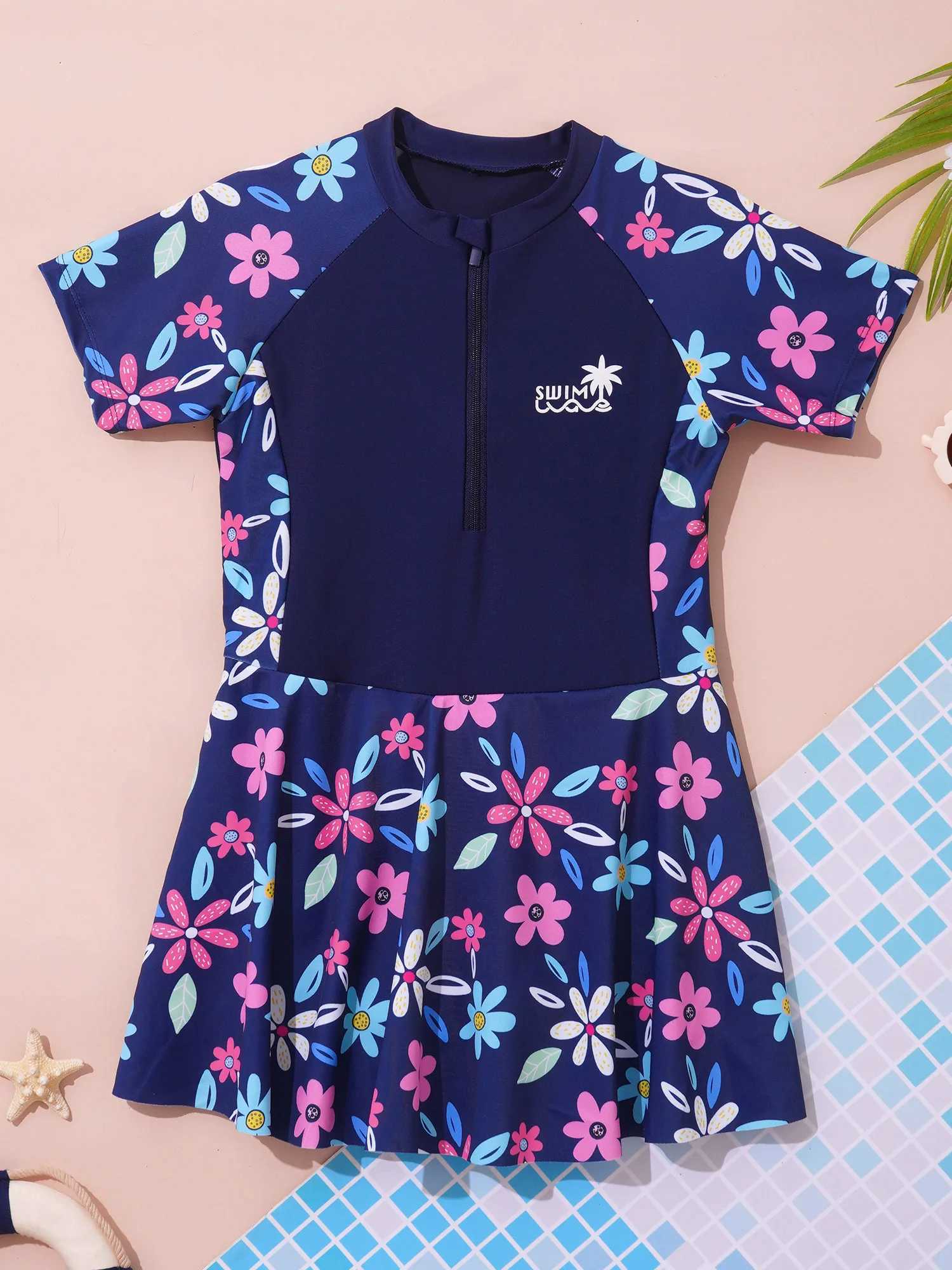 Kids Girls One-piece Swimsuit Short Sleeve Flower Print Zipper Swim Dress with Built-in Shorts Rush Guard Pool Beach Swimwear Z250214
