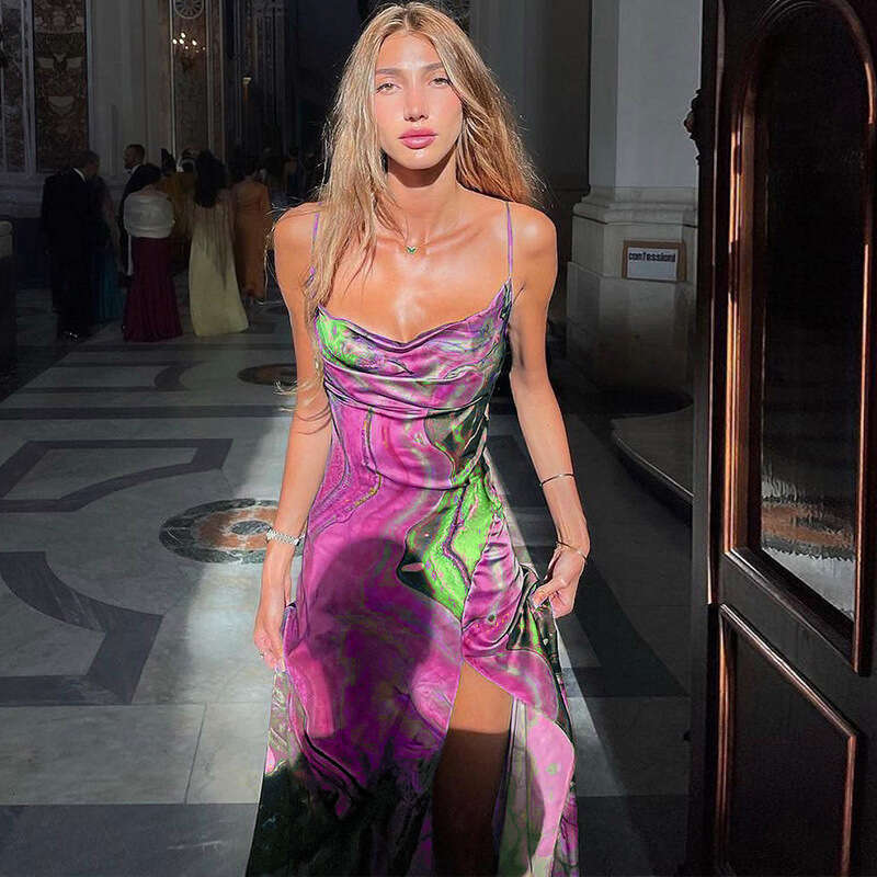 European and American style women's summer fashion print slim fit slit backless strapless suspender dress wholesale 2025 temperament versatile ne