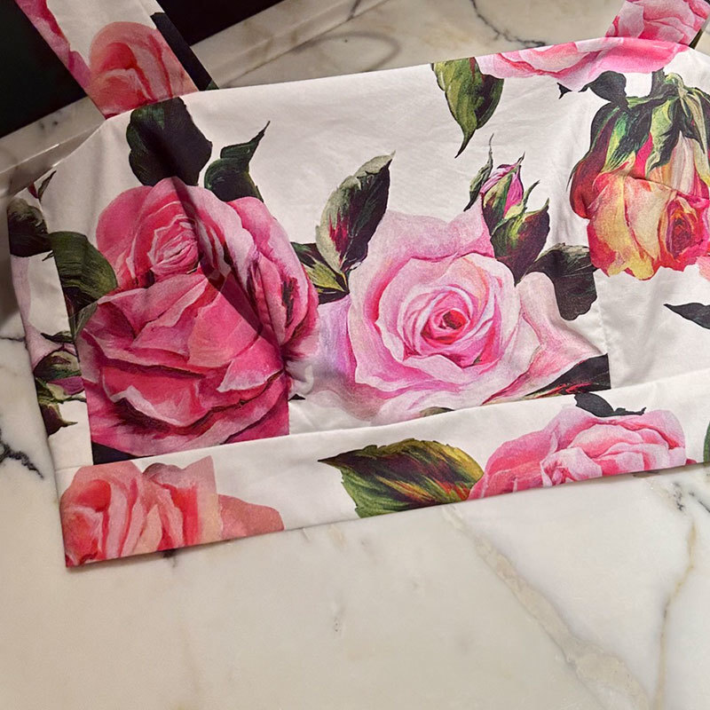 Designer Women's Floral Print Cotton Cropped Camisole Fashion Back Zipper Strapless Wide Straps Chic Elegant Luxury Spring Summer Beach Resort To