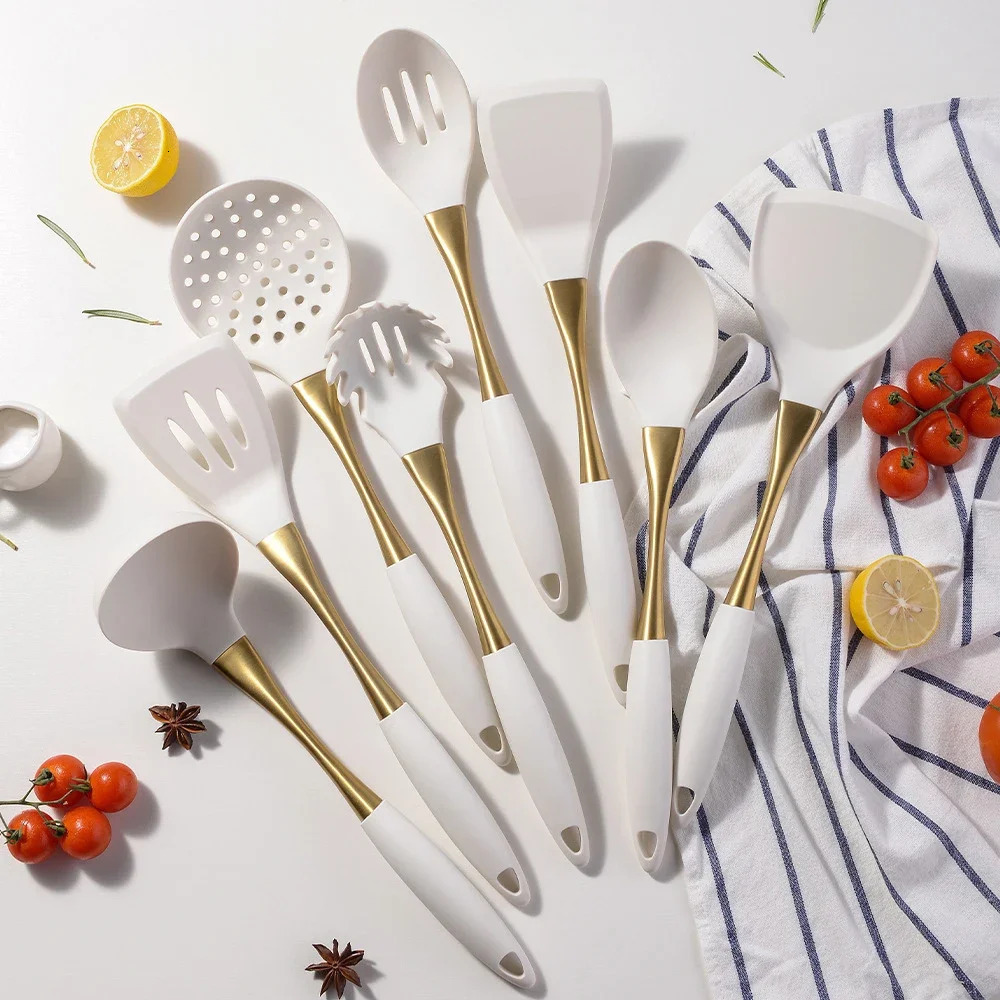 1Pc Silicone Kitchenware Cooking Utensils White Gold Kitchen Accessories Spatula Turner Heat-resistant Pasta Colander Shovel 250214