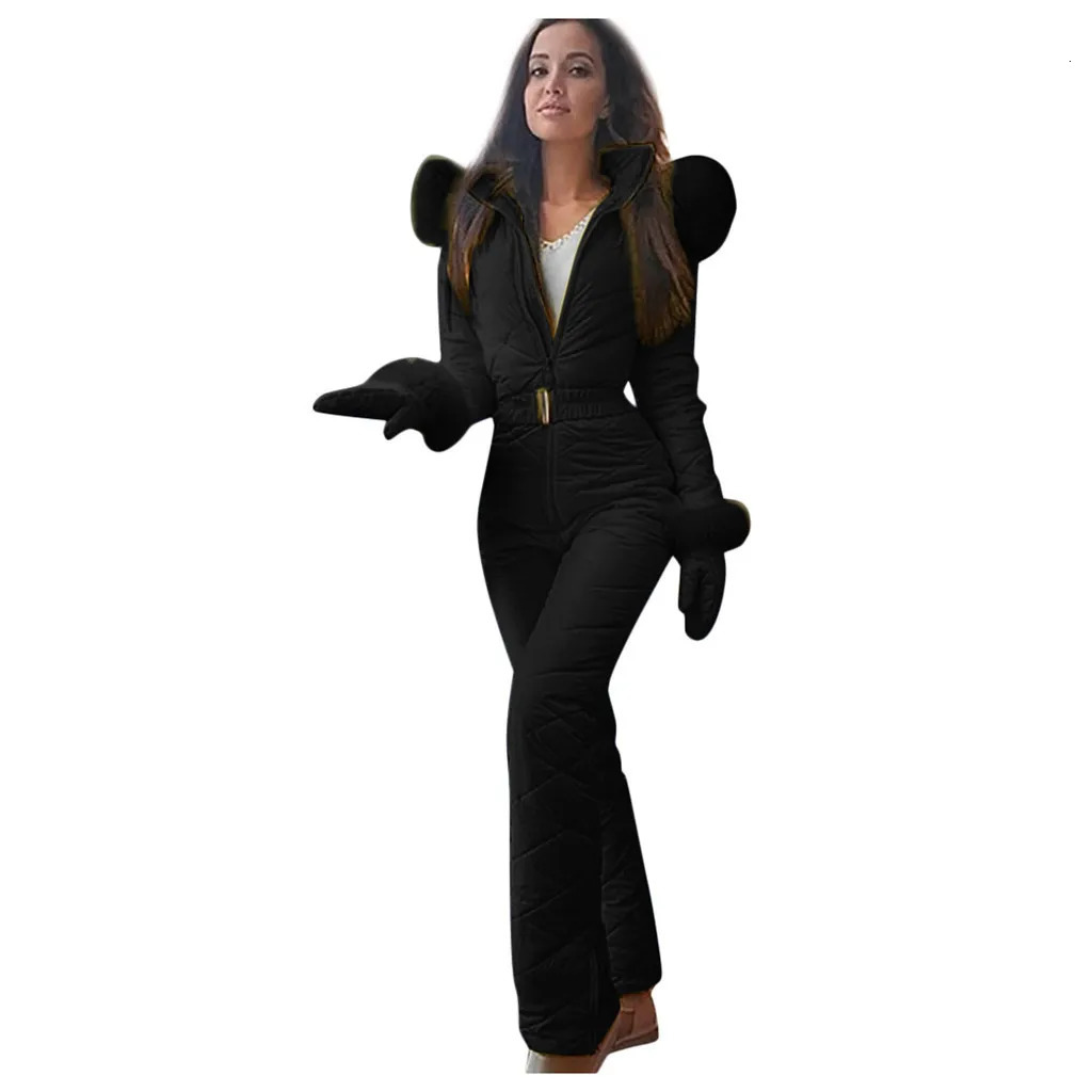 Solid Color Ski Jacket WomenS Sports Jumpsuit Fashion Casual Hoodie Zipper Ski Suit Winter Warm Jumpsuits 250213