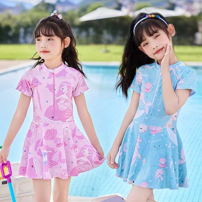 Blue Dolphin Print Swimsuit for Children Teenage Kids One-piece Swimwear Vacation Clothes Small Fresh Girl 2-14Y Z250214