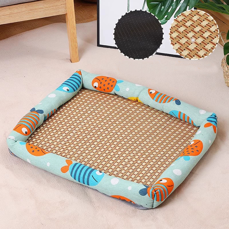 Pet Ice Pad, Washable Cooling Pet Pad Rattan Mat Summer Pet Woven Breathable Square Mat With Pillow For Dogs And Cats