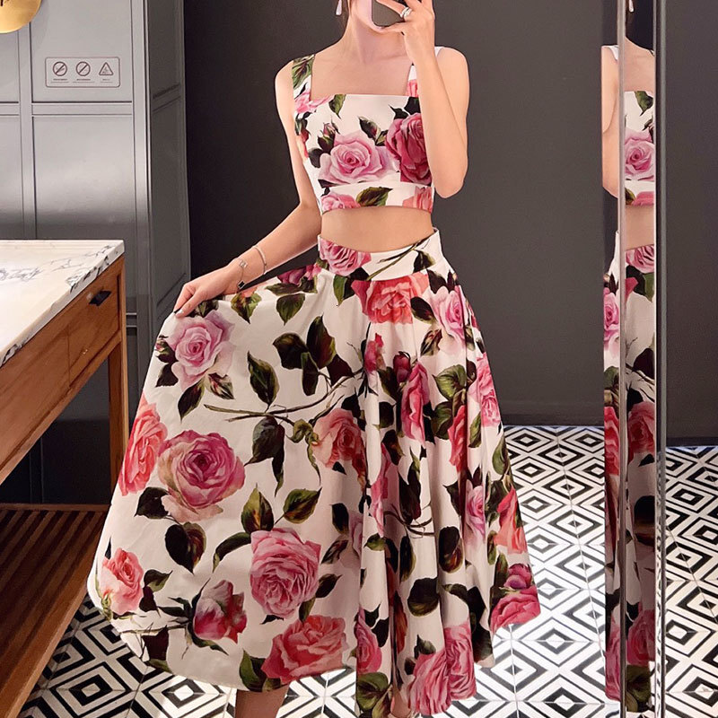 Women's Floral Print Cotton Pleated Midi Skirt Luxury Fashion High-Waist Calf-Length High-Quality Clothing Trendy Elegant Spring Summer Vacation 