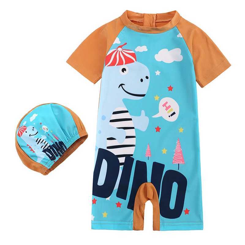 Newborn Baby Infant Boys Swimsuit with Hat Dinosaur Print Short Sleeve Round Neck Half Zipper Girl Jumpsuit Bathing Suit Z250214