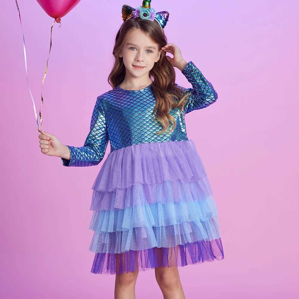 VIKITA Girls Mermaid Print Dress Kids Layered Mesh Tulle Cake Ball Gown Tutu Dresses Girl Par Performance Princess Dress 3-12Y Z250214