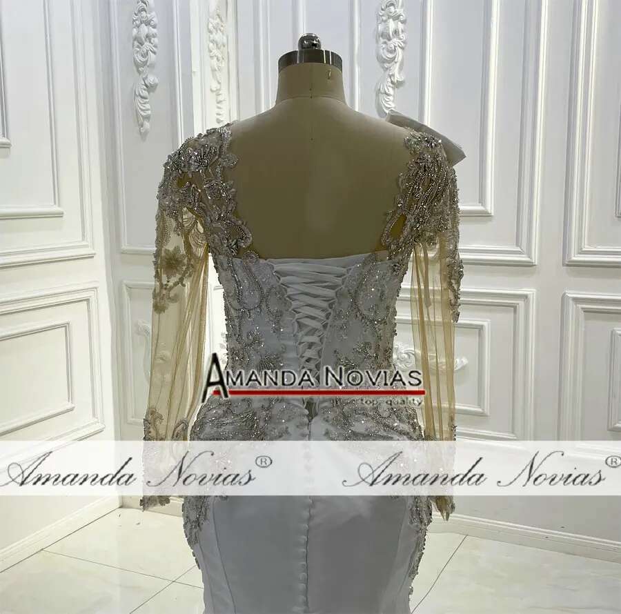 Custom Full V-Neckline Beading Detachable 2 in 1 Satin Mermaid Bridal Dress