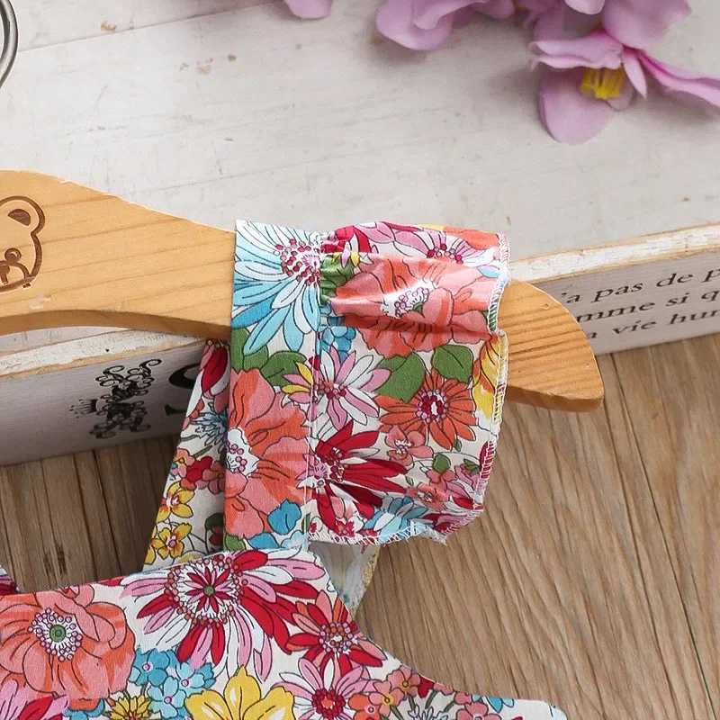 (Girls 0-3 years old)New Summer Girls Dress Halter Small Flying Sleeve Ruffled Flowers Full Print + Crossbody Bag A-line Dress Z250214