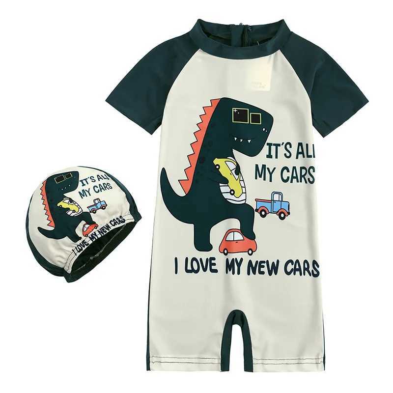 Newborn Baby Infant Boys Swimsuit with Hat Dinosaur Print Short Sleeve Round Neck Half Zipper Girl Jumpsuit Bathing Suit Z250214
