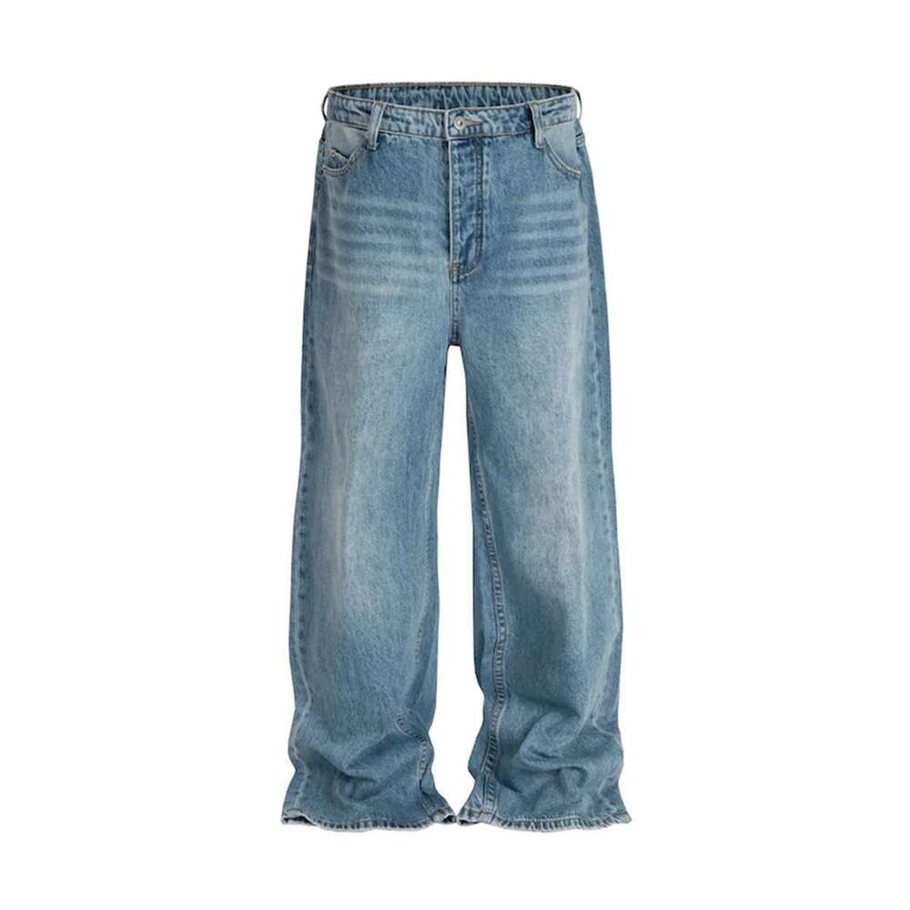 High Street Vintage Washed Blue Jeans For Men Straight Casual Loose Cleanfit Denim Trousers Oversized Cargo Pants