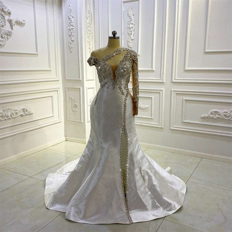 Custom Amanda New Design One Shoulder Beaded Spot With Detachable Skirt Bridal Dress