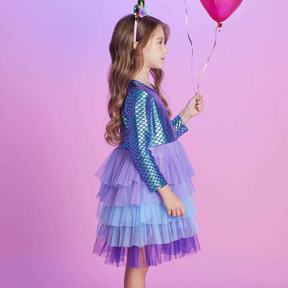 VIKITA Girls Mermaid Print Dress Kids Layered Mesh Tulle Cake Ball Gown Tutu Dresses Girl Par Performance Princess Dress 3-12Y Z250214