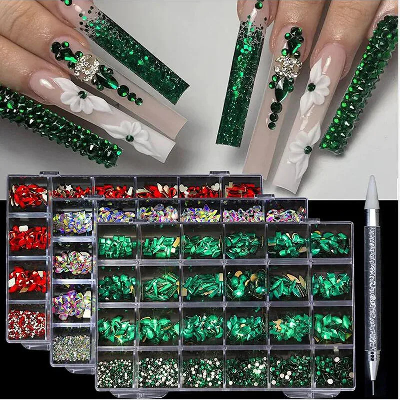 21/24 Grid Rhinestone Nail Art Jewelry Set Glass Nail Crystals Box Cristales Original 3D Flat Glass Shaped Nail Gems 250214