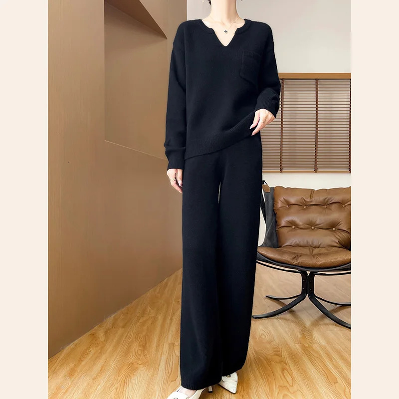 Spring and Autumn 100% Pure Wool Knit Womens Suit Vneck LongSleeved Sweater WideLeg Pants Trendy TwoPiece Set 250213