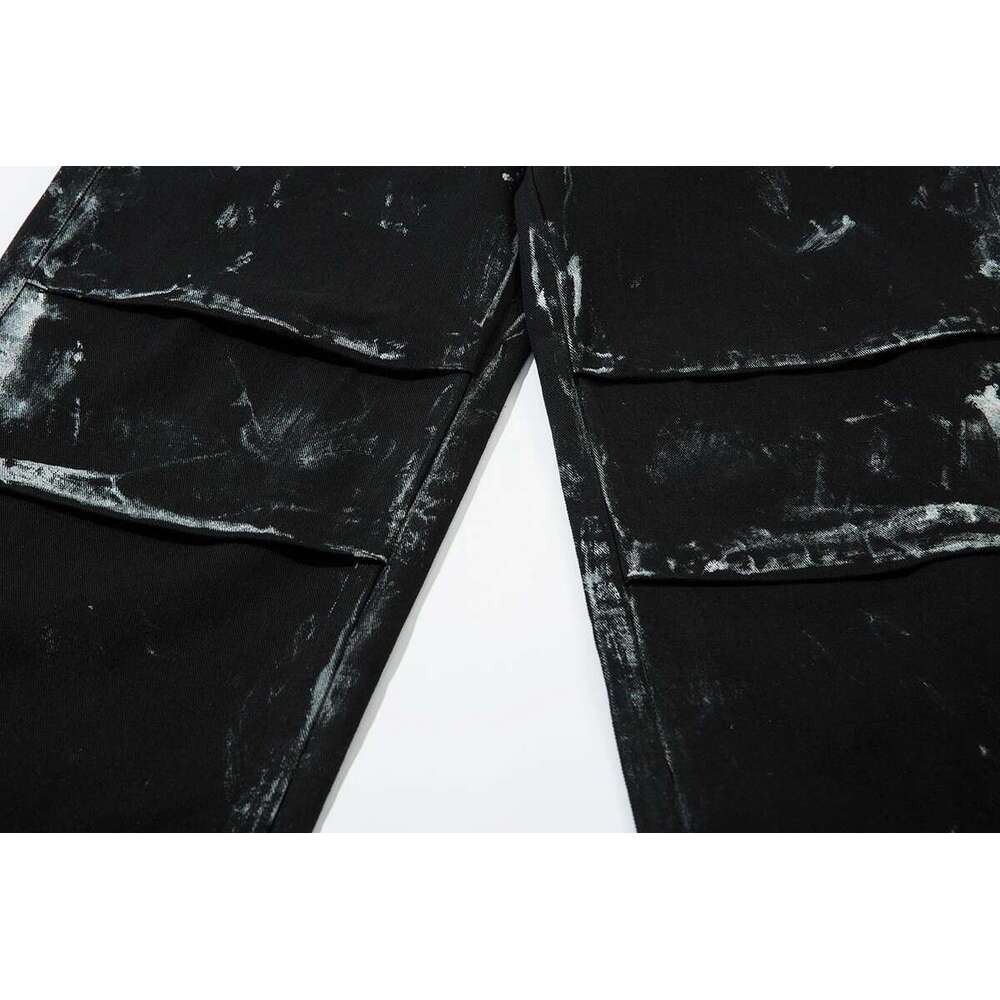 Hand Graffiti Pleated Straight Baggy Black Jeans Pants For Men And Women High Street Ropa Hombre Loose Denim Trousers Oversized