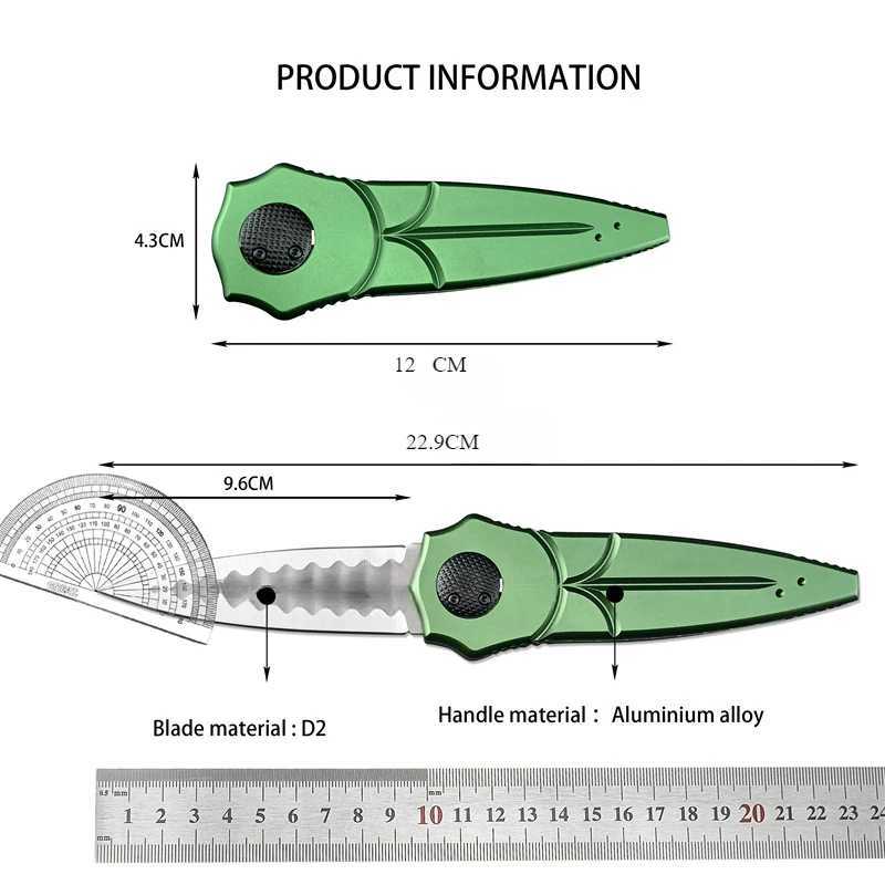 Green/Black Outdoor Assisted Folding Knife D2 Steel Blade Aluminum Hand Sharp EDC Tool Knives for Cam Hiking W250214