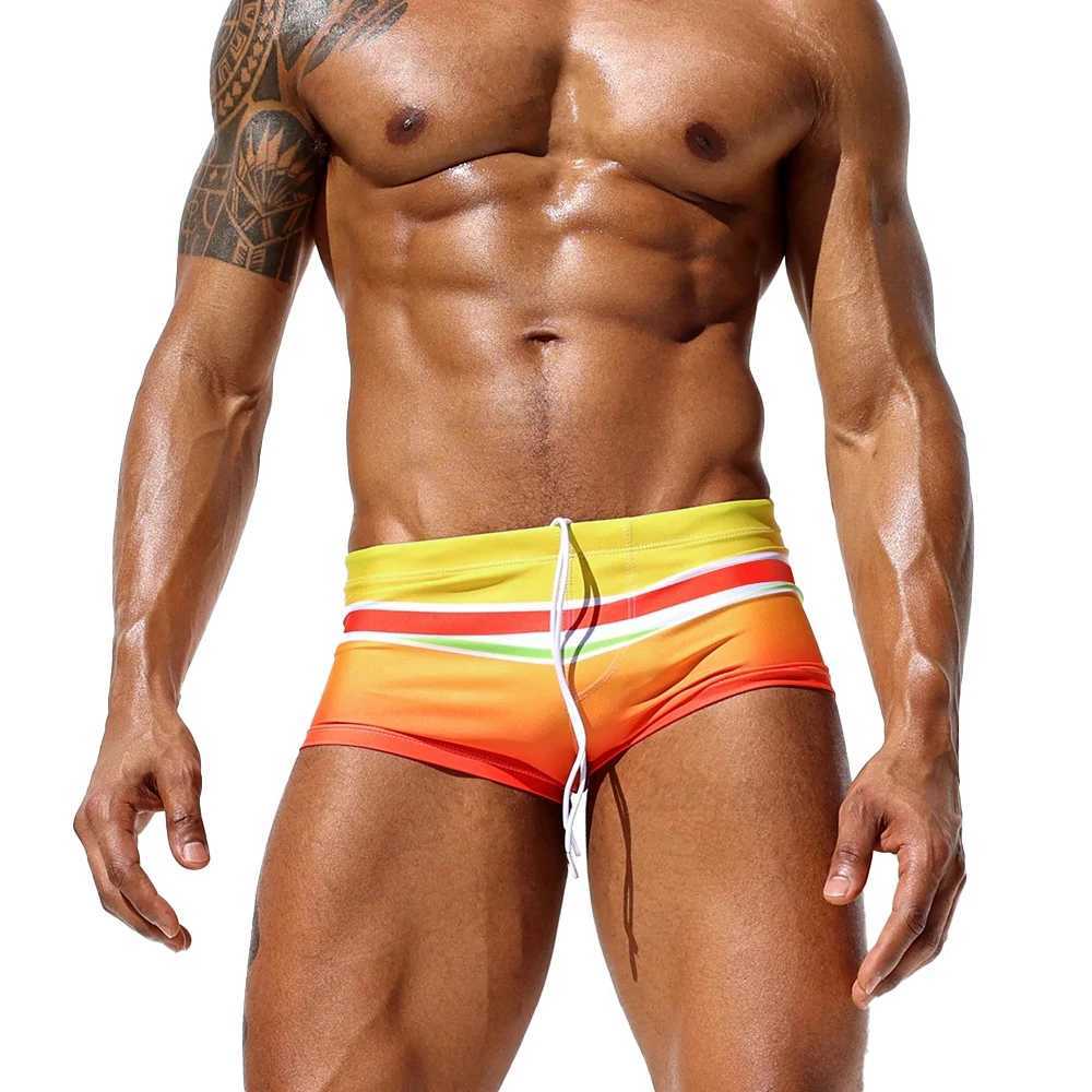 Sexy rainbow striped gradient mens swimsuit quick drying swimsuit sports swimsuit mens summer beach surfboard shorts W250214
