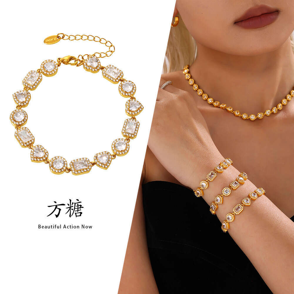 Square Sugar Super Sparkg Geometric Love Zircon Splicing Bracelet, Women's Style Stainless Steel Jewelry