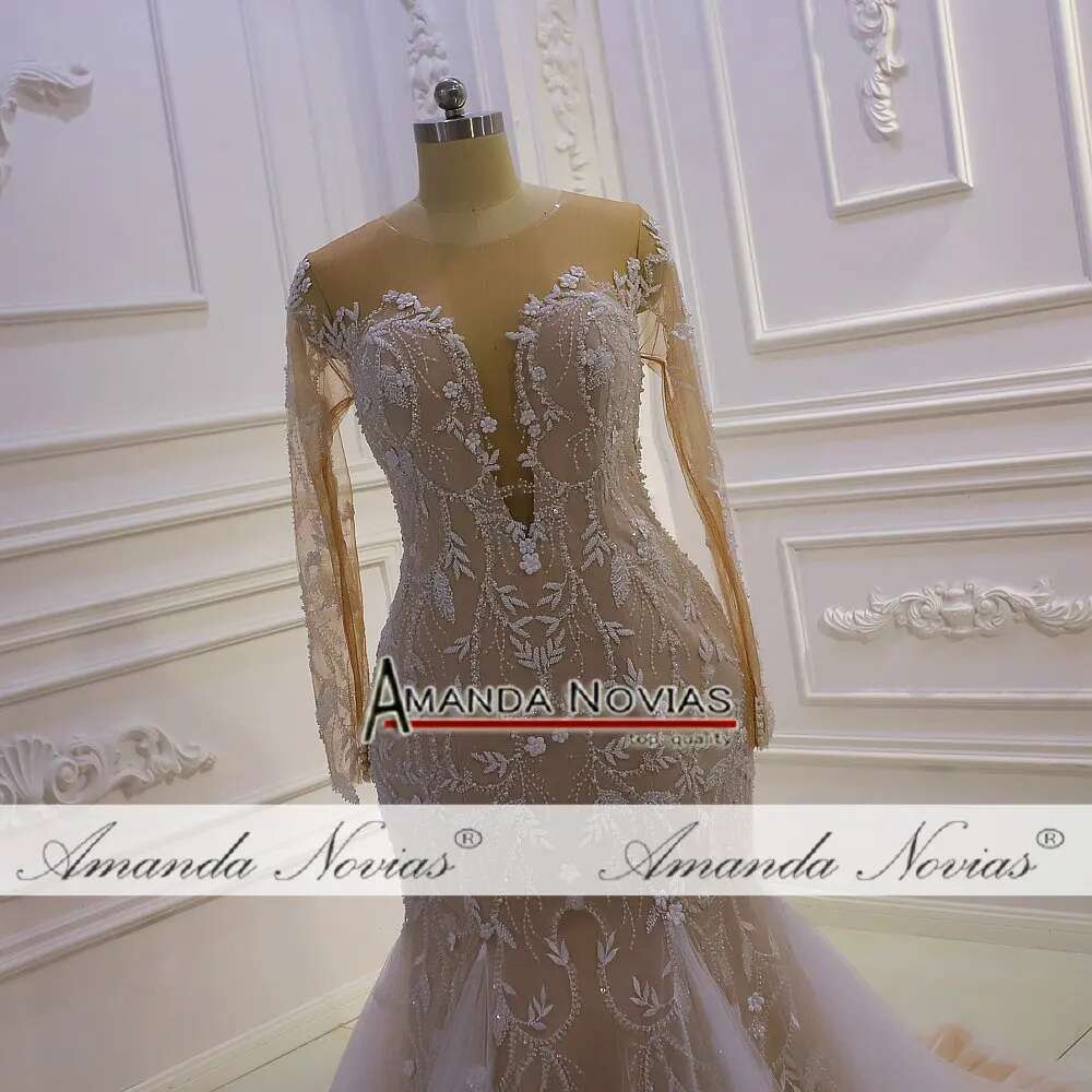 Mermaid Bridal Dress 2 in 1 with V Neckline and Lace Long Sleeves