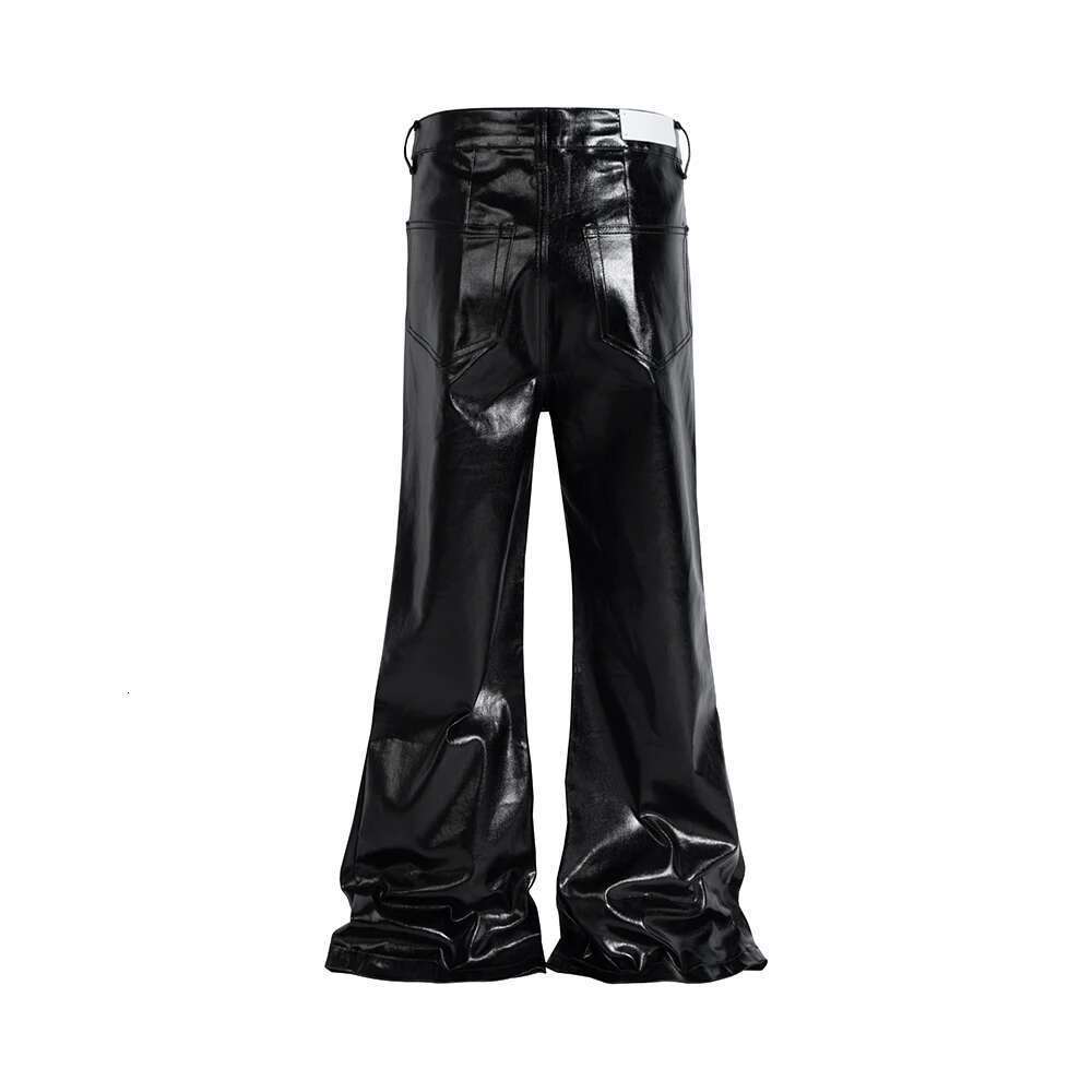 High Street Wide Leg Glossy Pu Leather Pants Sashes Boot Cut Men And Wome Baggy Casual Jeans Oversized Flared Trousers