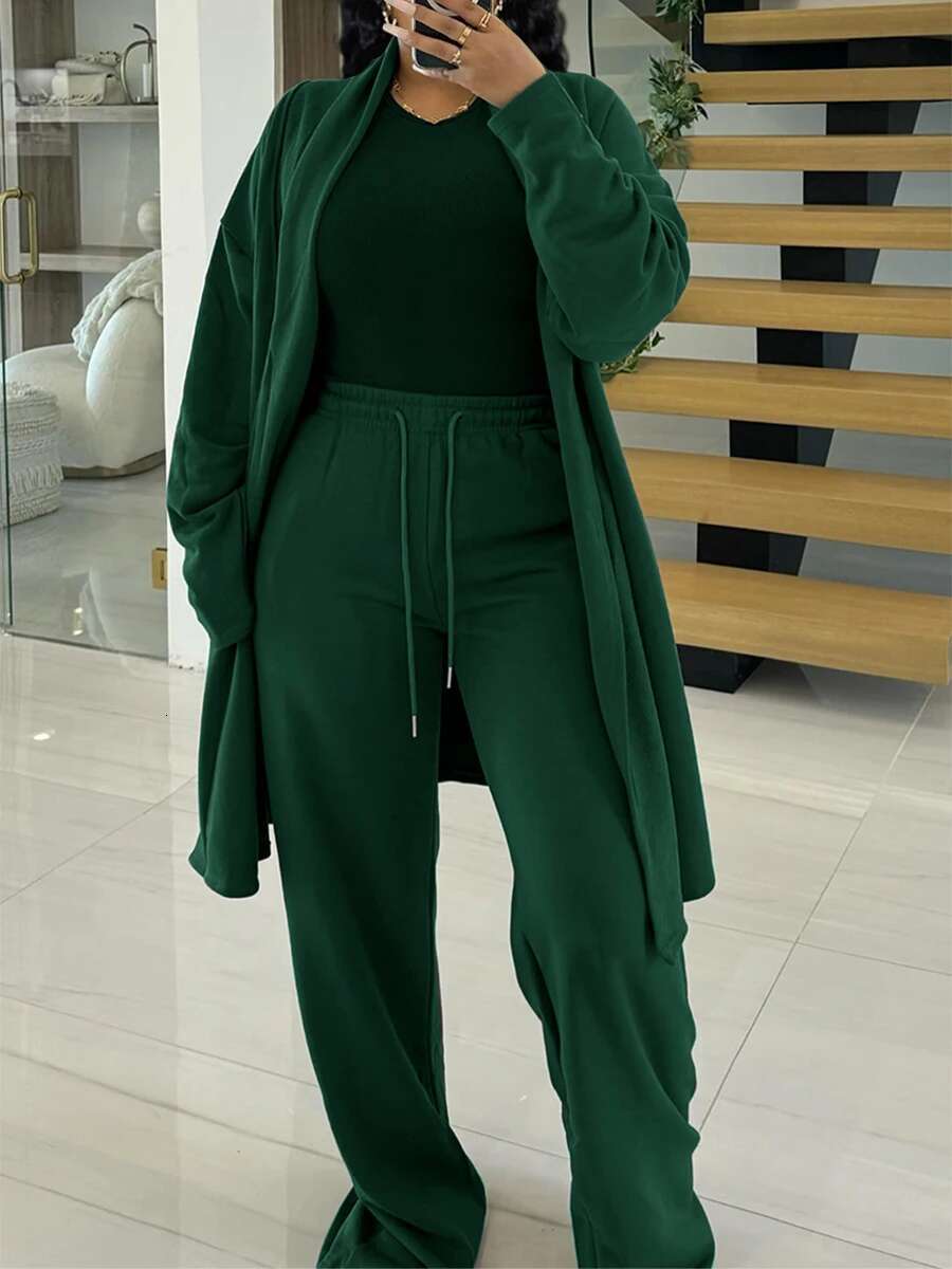 LW Plus Size Two Pieces High Waist Drawstring Pants Set Long Sleeve Coat Top + Trousers Sets Autumn Winter NEW Casual 2Pcs