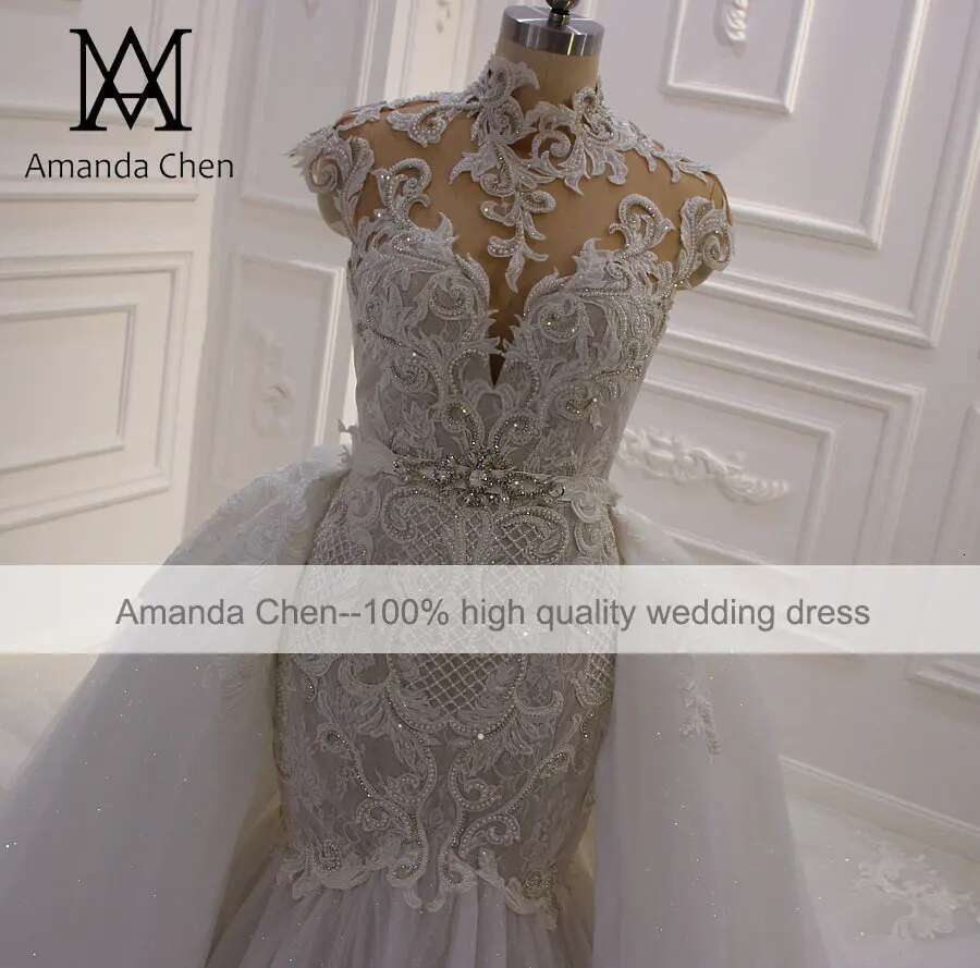 Custom robe marriage high neck cap sleeve champagne detachable skirt wedding dress