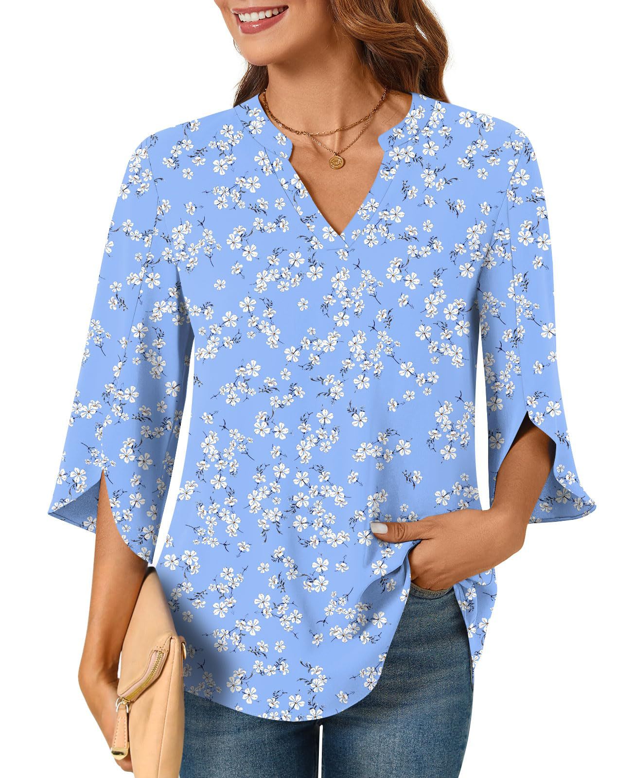 2025 New Women's Chiffon Shirt 3/4 Sleeve Summer Casual Loose V-neck T-shirt