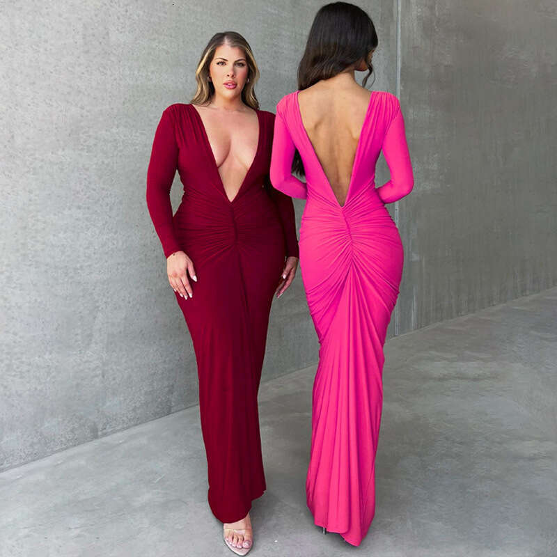 European American women's summer product fashionable and sexy V-neck slim fit pleated solid color long sleeved dress wholesale 2025 new casual fa