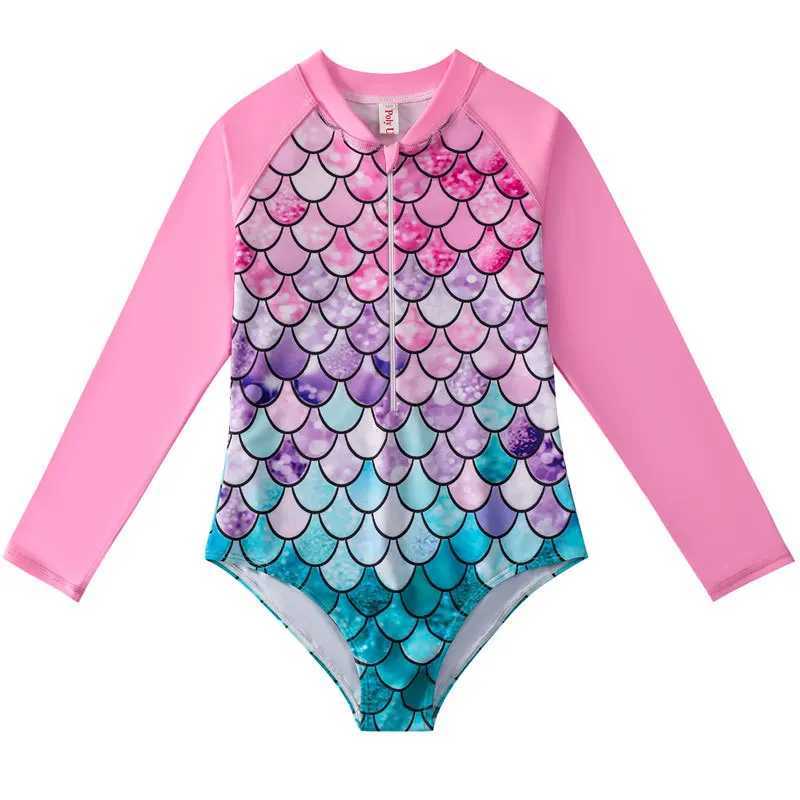 European American Sle Mermaid Swimsuit Baby Girls Long Sleeves One-piece Swimsuit Hot Spring Fish Scale Kids Swimsuit 4-12Y Z250214