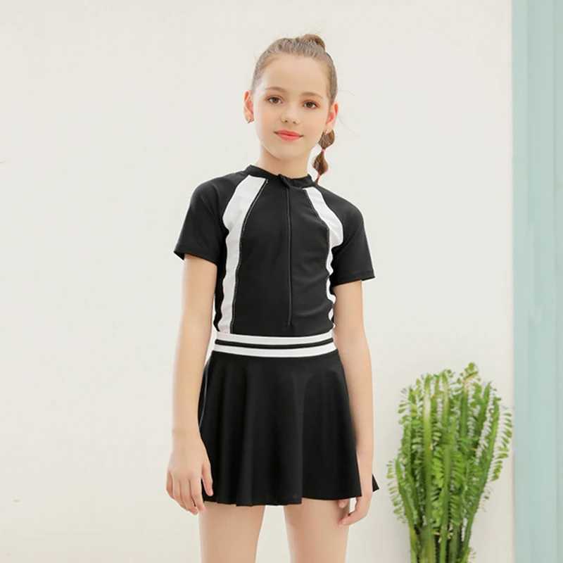 Front Zipper Swimsuit Girls One Piece Swimwear With Extra Swim Skirt Swimming Suit Beachwear Hot Spring Clothes Bathing Suit Z250214