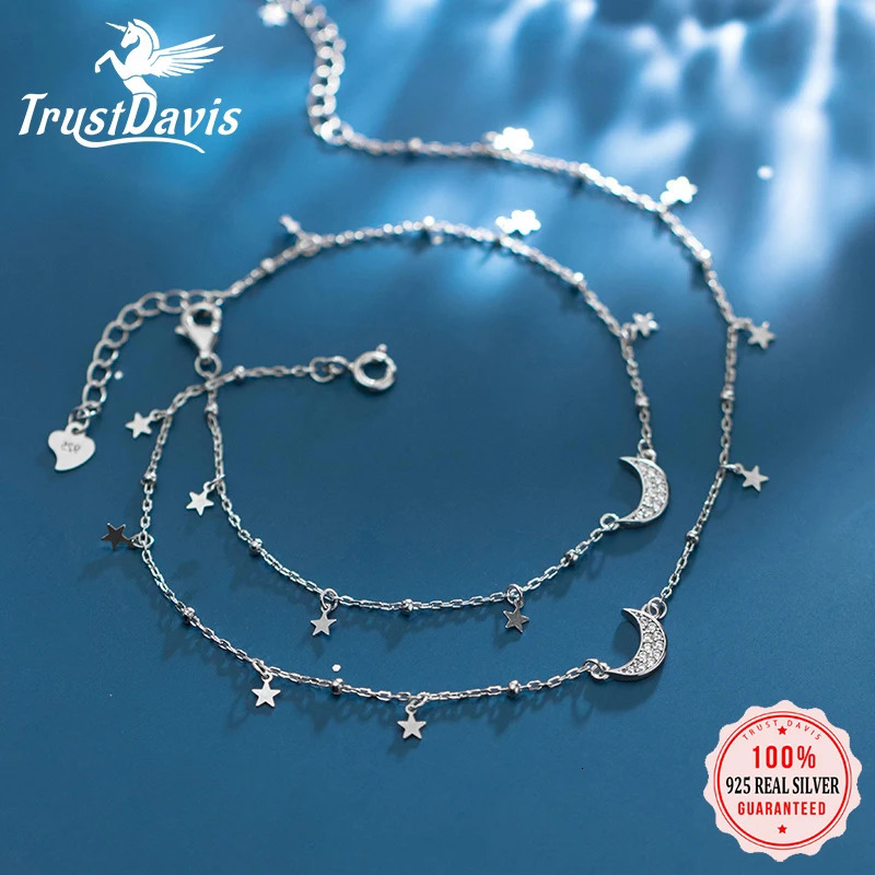 Trustdavis genuine 925 sterling silver fashionable CZ Moon Star bracelet necklace womens exquisite silver jewelry gift DA623 250110