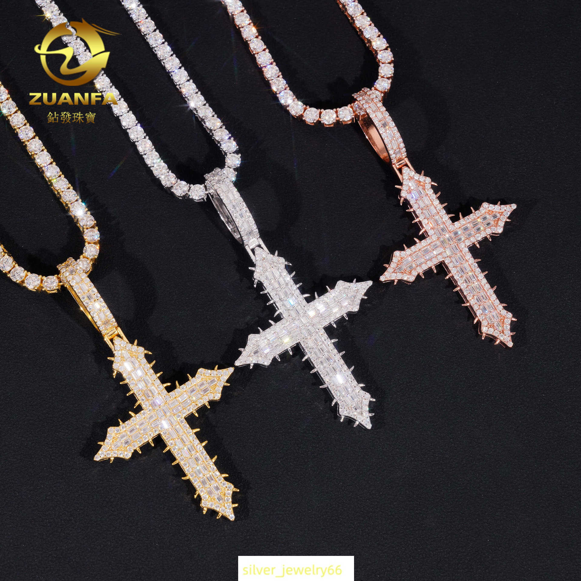 ZUANFA S925 Silver Moissanite Hip Hop Cross Pendant Second Over Test Diamond Pen