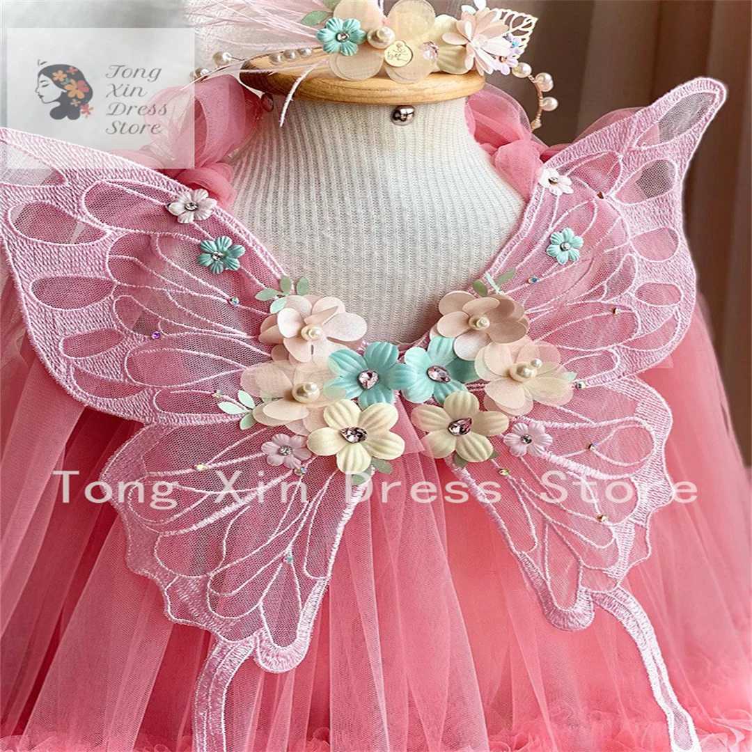 New Arrival Flower Girls For Weddings Pink Handmade Flowers Tiered Floor Length Kids Prom Dresses Wedding Par Dress Vestidos Z250214