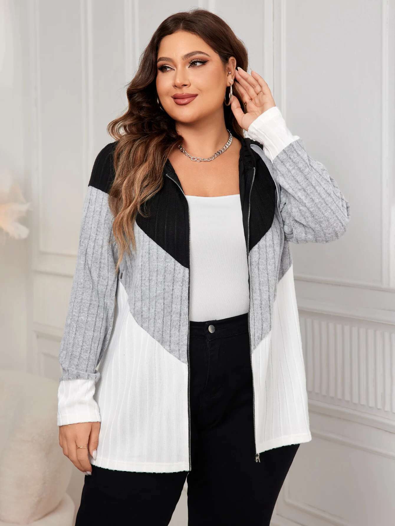 KEBY ZJ Plus Size Color Block Zip Up Coat Women 2024 Autumn New Drawstring Hooded Long Sleeve Casual Rib-Knit Jacket Top