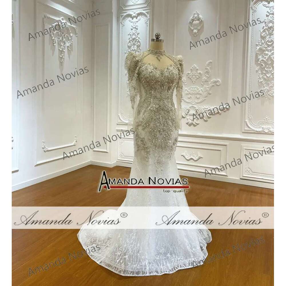 Custom Stylish Long Sleeves High Neck with Detachable Cover Mermaid Bridal Dress