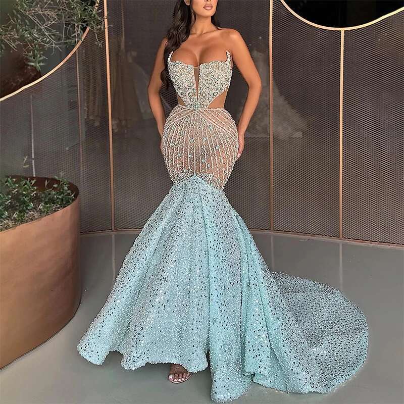 Blue Strapless Formal Evening Cut-out Mermaid Shiny Beaded Prom Dresses Customized Vestido De Fiesta