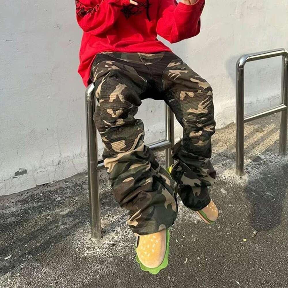 Camouflage Coated Micro Flared Motorcycle Pants For Men Patchwork Baggy Jeans Ankle Zipper Boot Cut