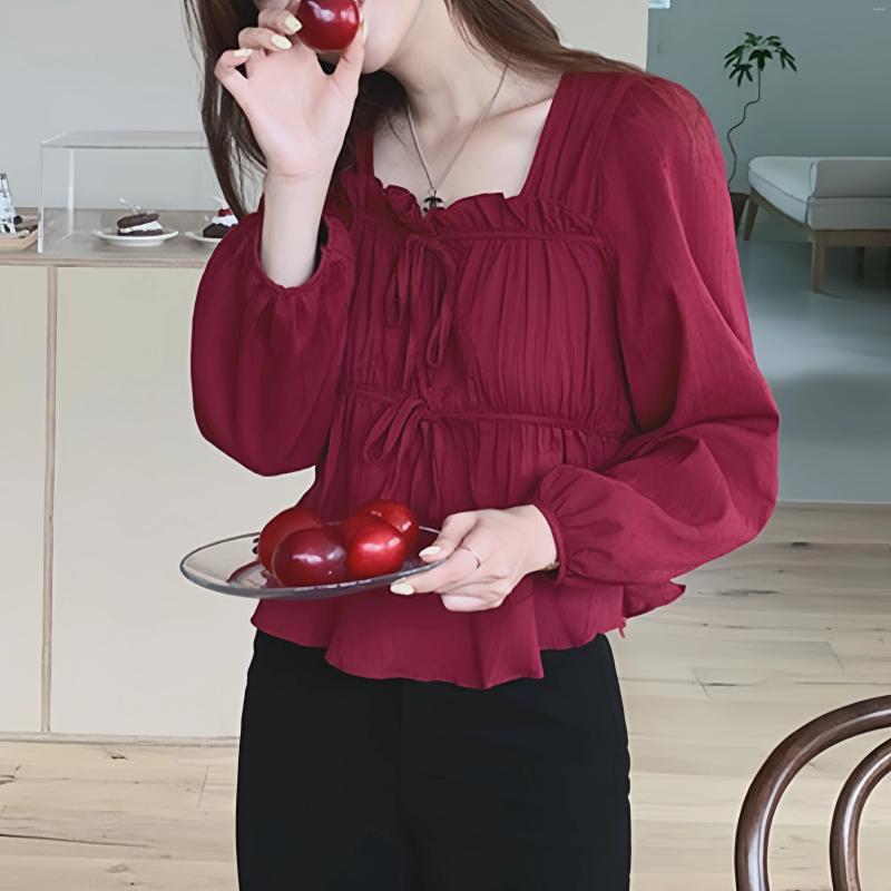 Women's Blouses Spring Summer Elegant 2025 Solid Long Sleeve Lace Up Ruffles Korean Casual Short Shirts Tops Female
