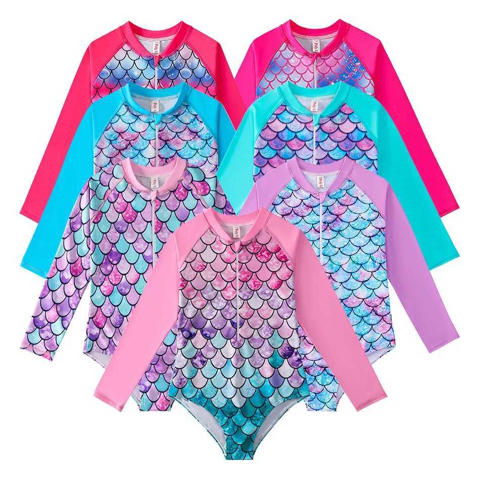 Childrens Mermaid Swimsuit Childrens One-Piece Swimsuit Long Sleeved Girls Hot Spring Fish Scale Swimsuit Girls Swimsuit Z250214