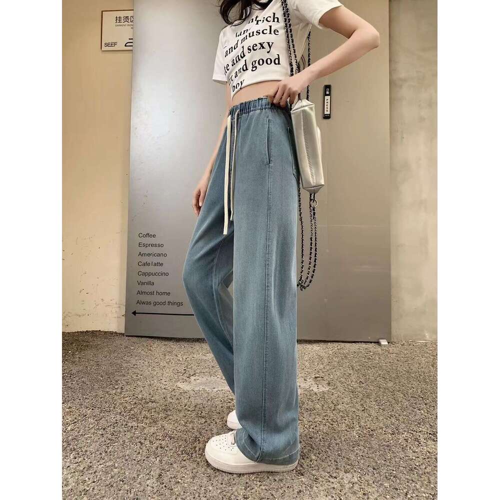 Silk Curved Washed Jeans Women's Summer High Waist Loose Wide Leg Denim Pant