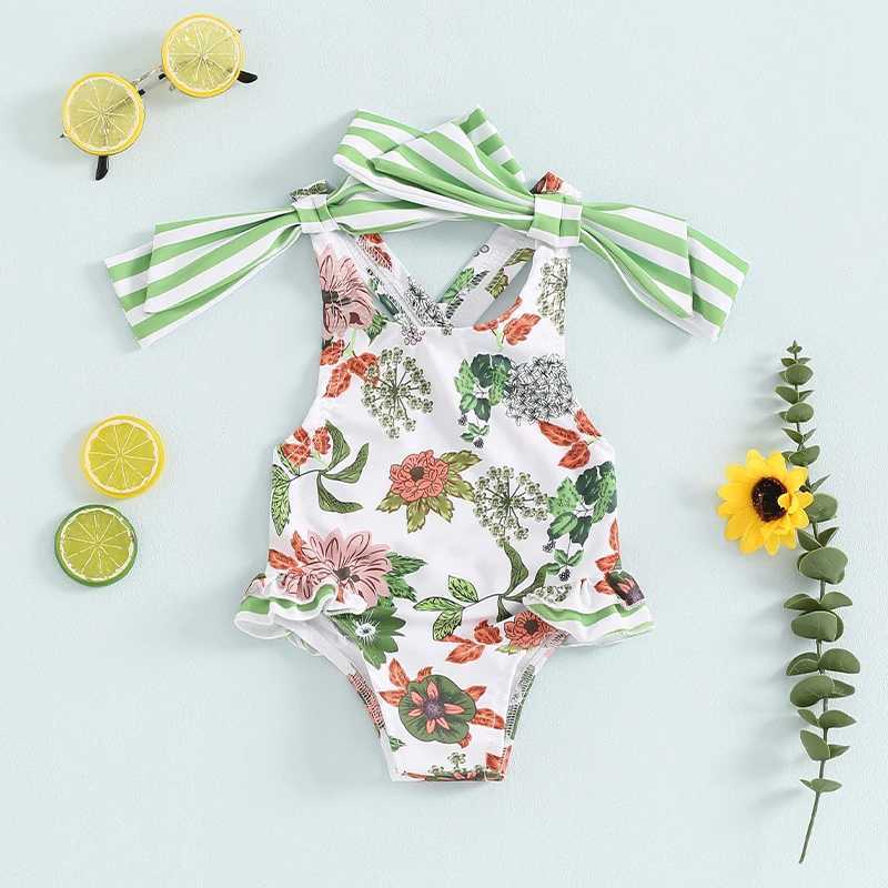 2-6T Toddler Kids Girls Swimsuit Floral/Stars Print Bowknot Beachwear Sleeveless Ruffles Summer Beach Bathing Suit Z250214