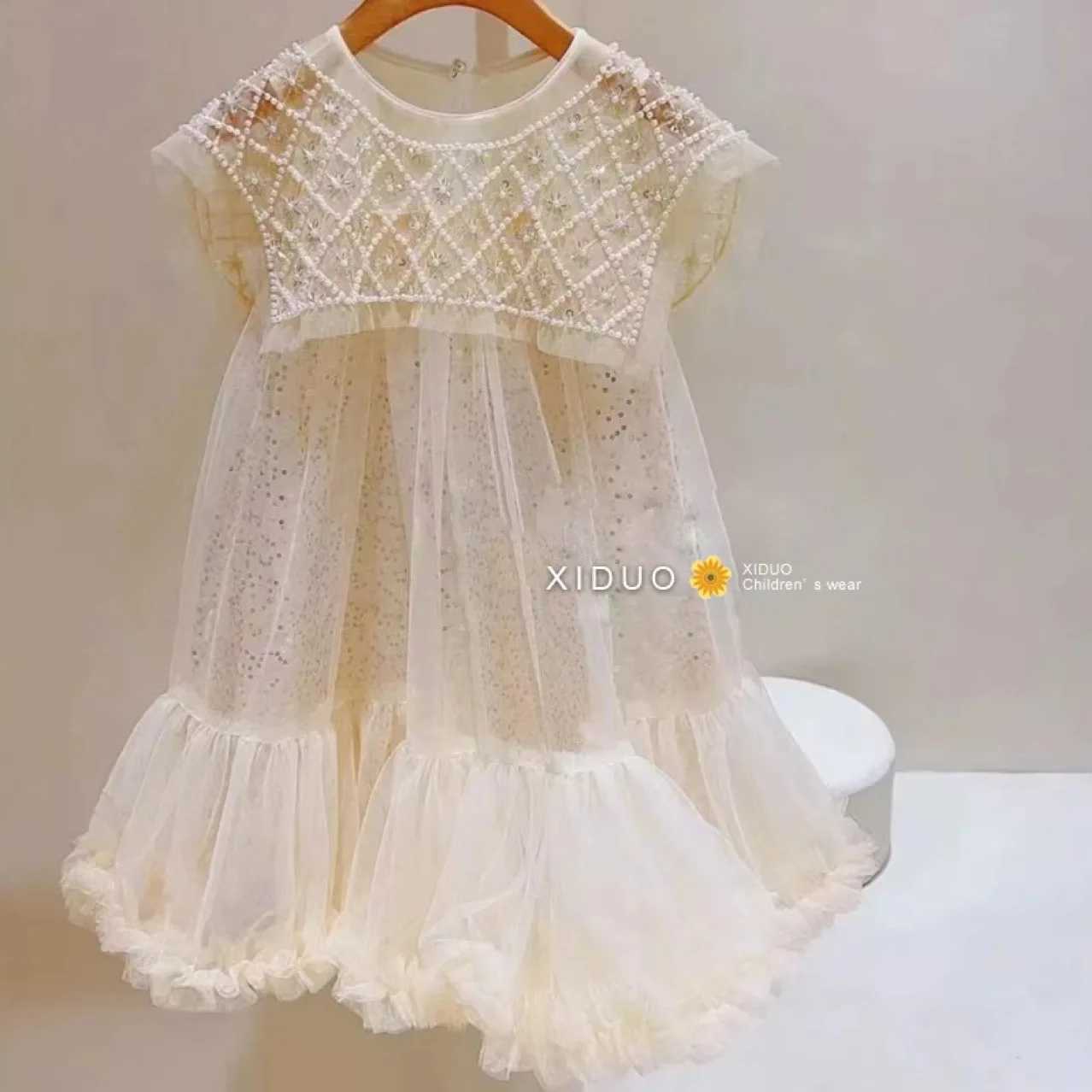 New 2023 Girls Prin cess Dress Casual Spring Summer Childrens Wear Korean Pearl Neck Princess Dress Fashion Yarn Dress Z250214