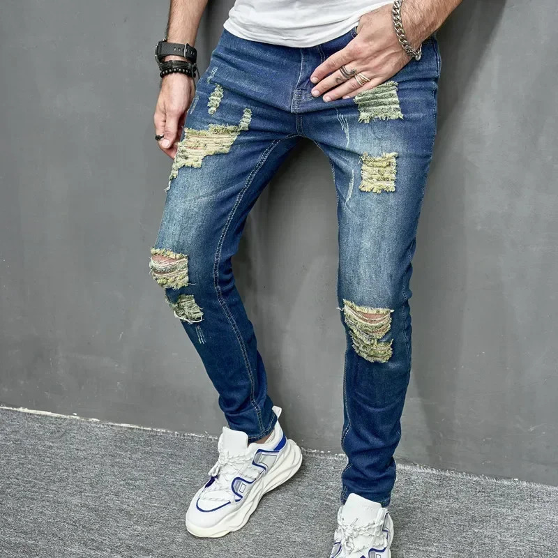 Style Mens Personalized Ripped Solid Color Skinny Jeans Stretch Little Foot Streetwear Motorcycle Denim Trousers Male 250210