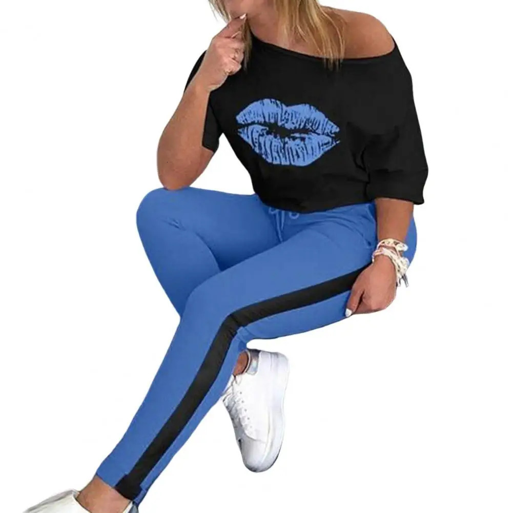 2 Pcs/Set Chic Sport Tracksuit Casual Women Top Pants Set Contrast Color Sports Soft T-shirt Pants Set 250210