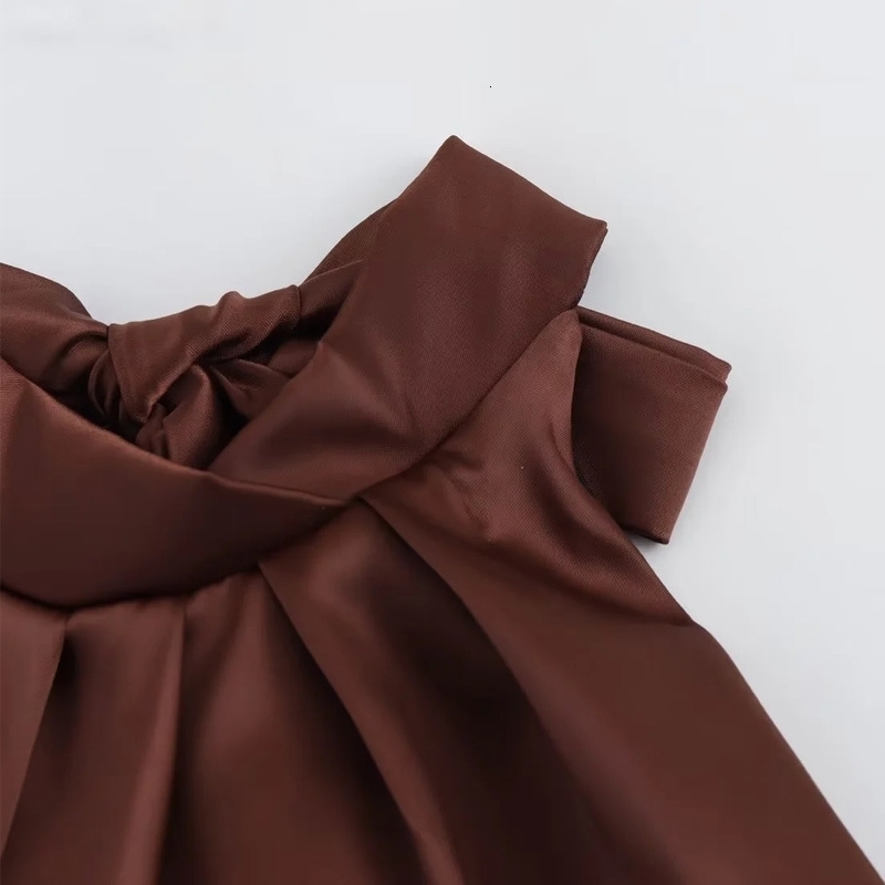 TRAF Halter Satin Long Dres Tied Backless Brown Midi Dress Summer Off Shoulder Party Dresses Pleated Evening y250207