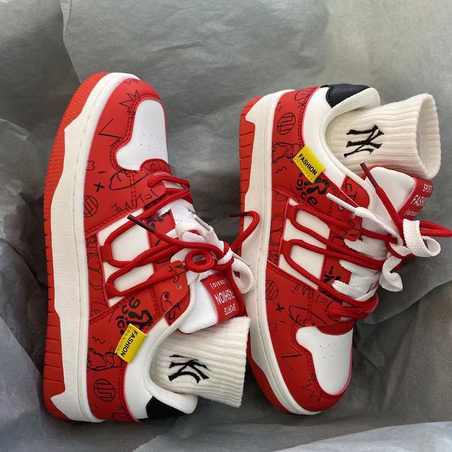 Fashionable Red Men's And Women's Flat Shoes For Spring And Autumn New Designs, Lightweight And Multifunctional Couple's Casual Sports 
